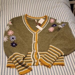 RAGA Olive Green Cardigan with Floral Embroidery
